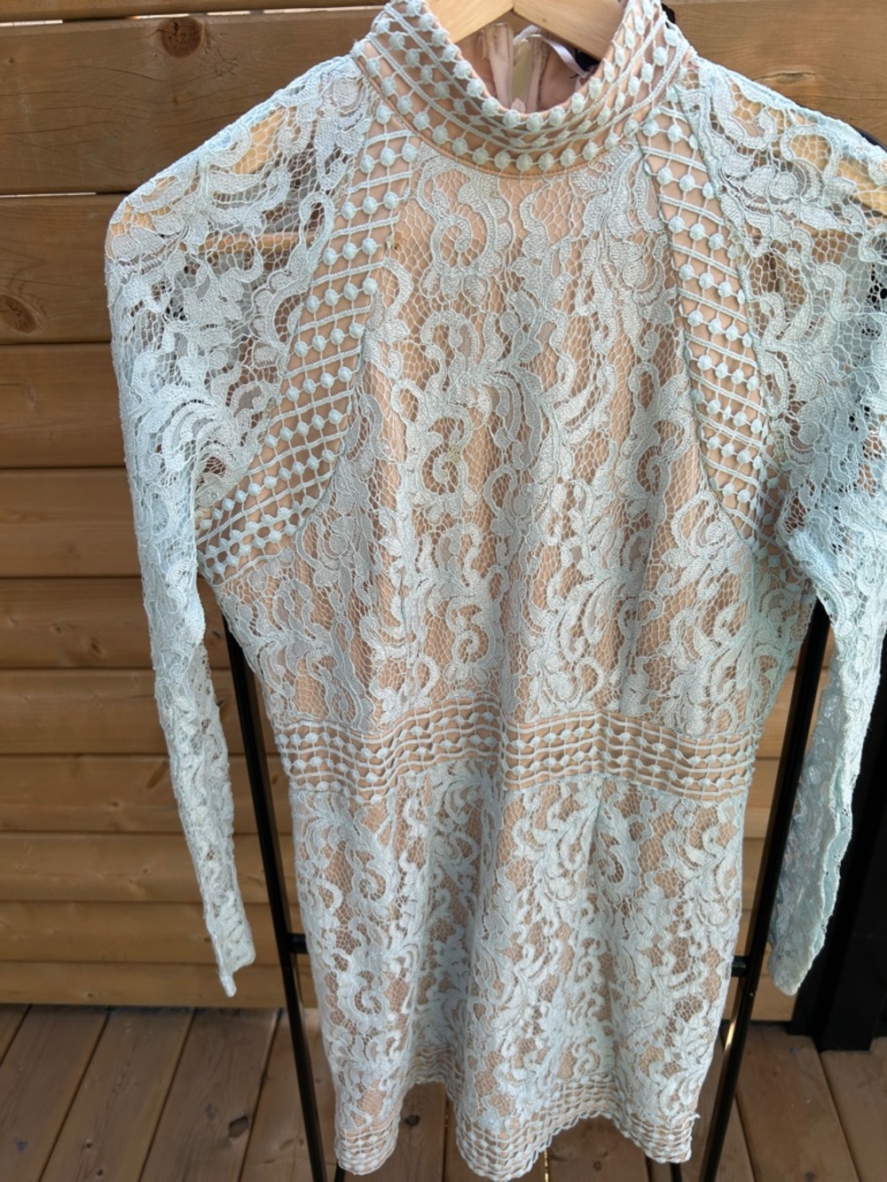 PrettyLittleThing Cream Lace High Neck Long Sleeve Mini Dress
